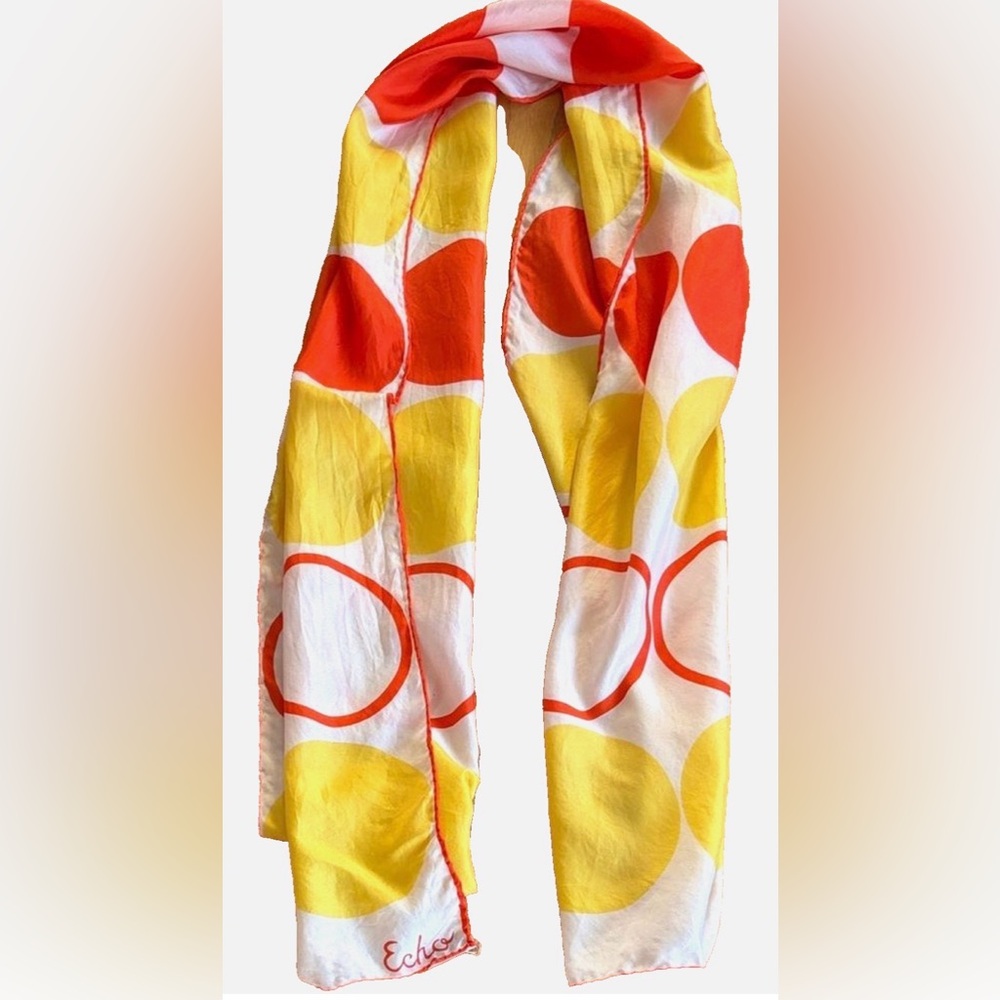 Vintage Echo 100% Silk Scarf Orange Yellow Circle Print Mod Retro Oblong